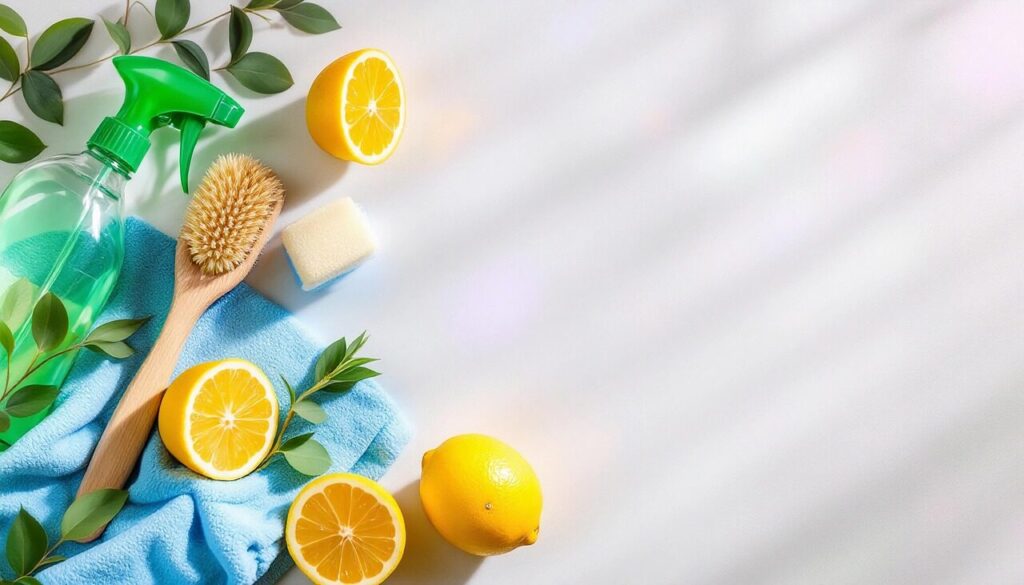 ai generated, cleaning, cleaning supplies, eco-friendly, natural, lemons, spray bottle, brush, towel, lemon cleaning, fresh, environment-friendly
