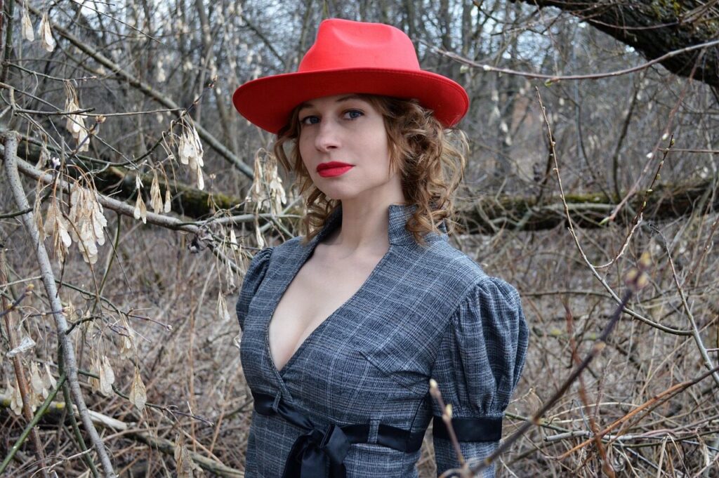 young woman, woman, madame, lady, vintage, retro, bows, hat, forest, nature, neckline, ruffles, dress, fashion, style