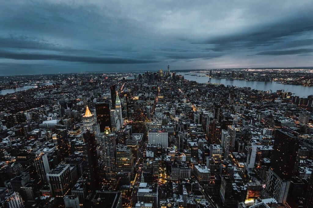 new york city, nature, urban, cityscape, sunset, dusk, hudson river, skyscrapers, skyline, buildings, architecture, sky, clouds, vies