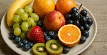 A plate of colorful, fresh fruit.