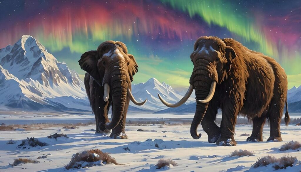animals, winter, woolly mammoth, nature, mammoth, tundra, landscape, northern lights, ai generated
