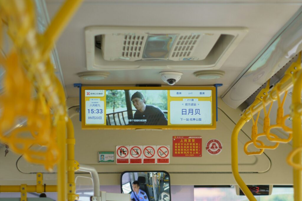 a bus with a screen on the front of it