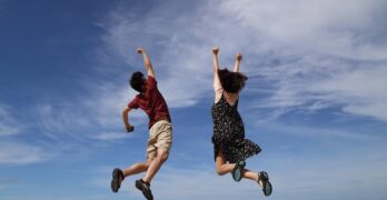 jump, sky, man, clouds, height, girl, woman, happiness, nature, joy, happy, blue sky