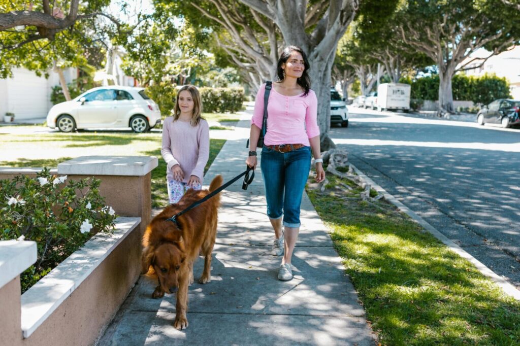 A woman and child walk a golden retriever dog on a sunny sidewalk.