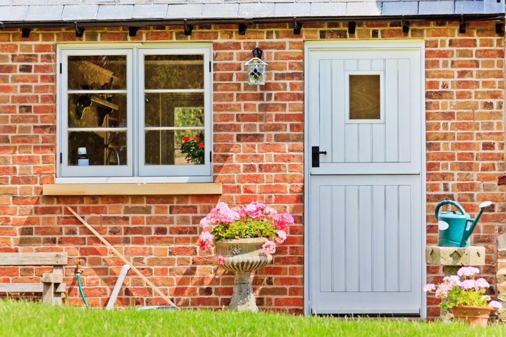 architecture, building, cottage, door, doorway, english, nature, entrance, estate, exterior, front, home, house, red, structure, summer, village, wall, window