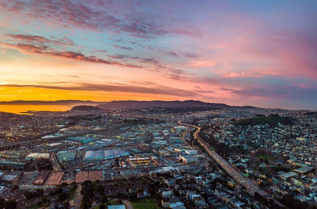 sunrise, city, water, san francisco, sunset, sky, nature, clouds, skyscape, bay, landscape, california, cityscape, skyline, aerial view, bird's eye view, drone photography