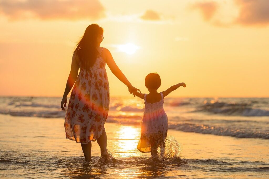 adult, mother, daughter, beach, kids, children, evening, family, nature, girl, parent, people, sea, thailand, woman, waves, mom, mum, golden light, happy mothers day, ocean, sunset