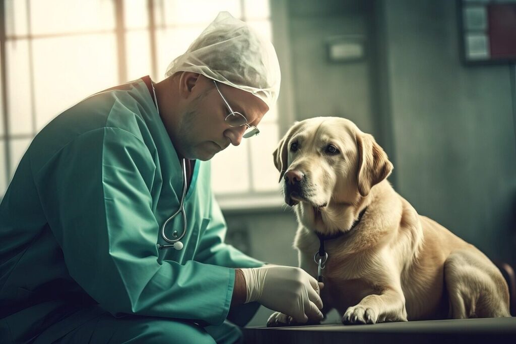 dog, human, vet, clinic, vaccination, pet, love, caution, affection, animal, friendship, doctor, man, ai generated
