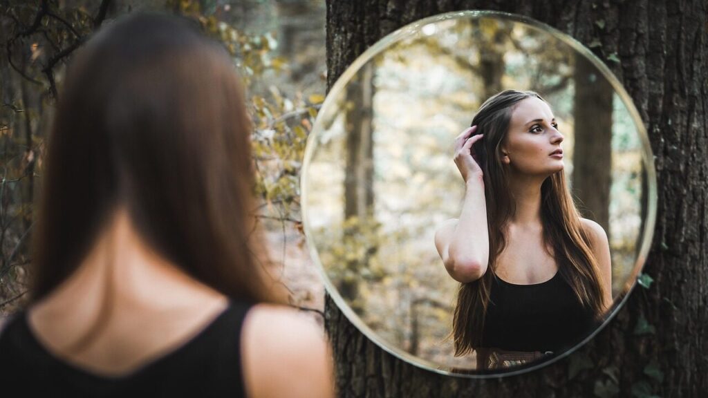 girl, mirror, forest, portrait, woman, reflection, nature, model, female, identity, ego, vanity