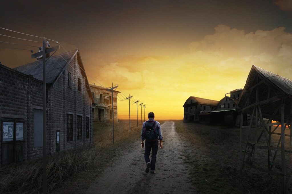 men, traveling, city, outside the house, the sun has set, home, rural, windra mile, afternoon, manipulation