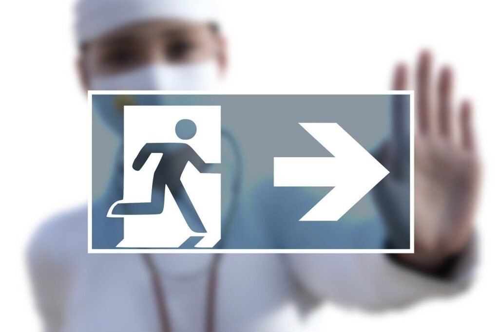 exit, emergency exit, corona, stop, covid-19, arrow, strategy, steps, coronavirus, virus, return, normality, measures, relaxation, politics, restrictions, mask, doctor