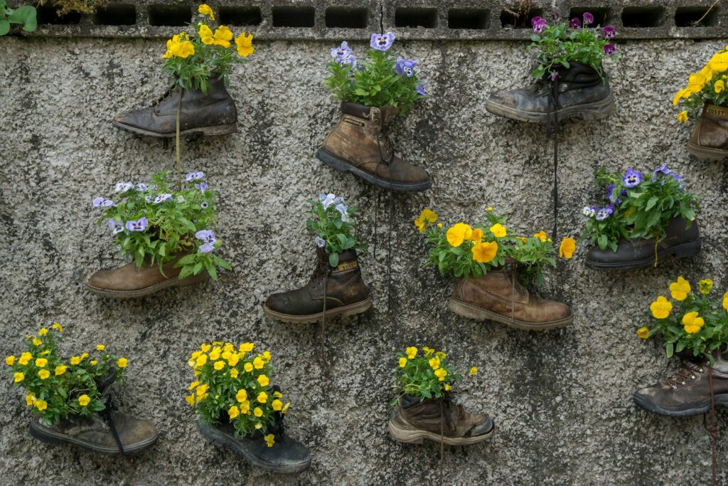 A bunch of flowers that are sitting on a wall