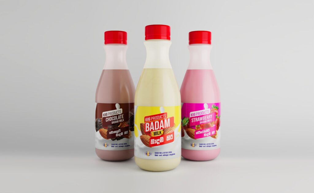 Three bottles of flavored milk drinks with red caps.