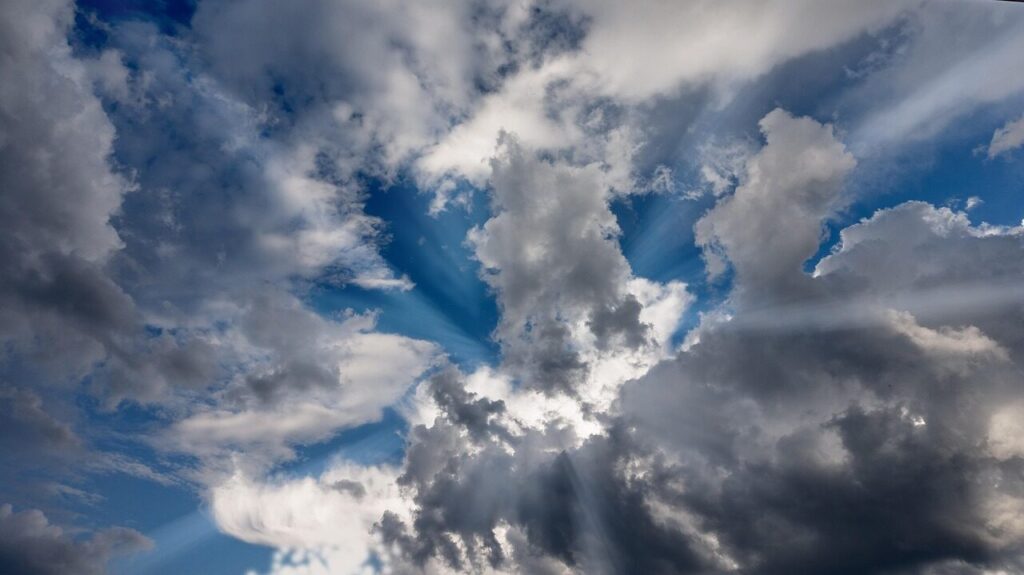 heaven, clouds, blue, cloud shape, radiant, shine, nature, sunbeams