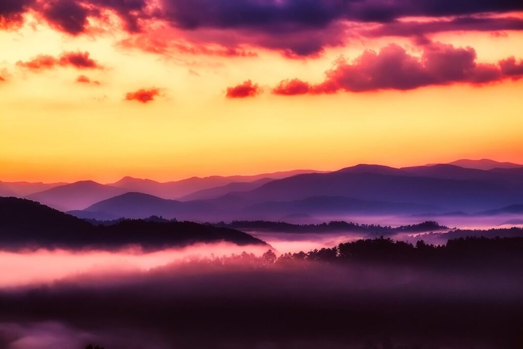 great smoky mountains, national park, sunrise, sky, clouds, fog, haze, mist, forest, trees, nature, woods, tennessee, tourism, beautiful, country, wilderness, rural, silhouette
