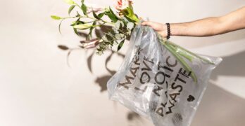 a person holding a plastic bag with flowers in it