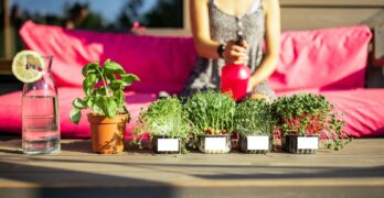 a woman standing next to a table with plants and a vase