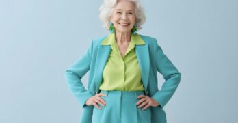 A stylish, smiling older woman poses.