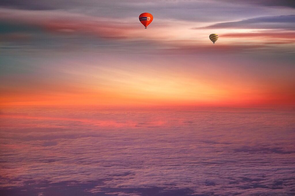 hot air balloons, clouds, nature, sunset, fantasy