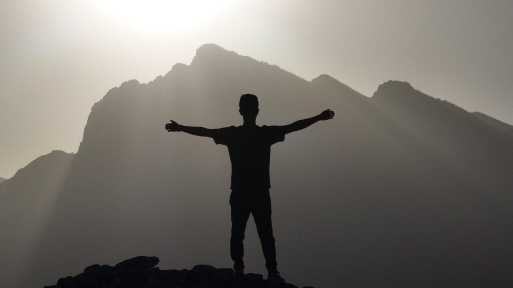 man, joy, freedom, mountaineering, sleeping buddha, scenery, backlight