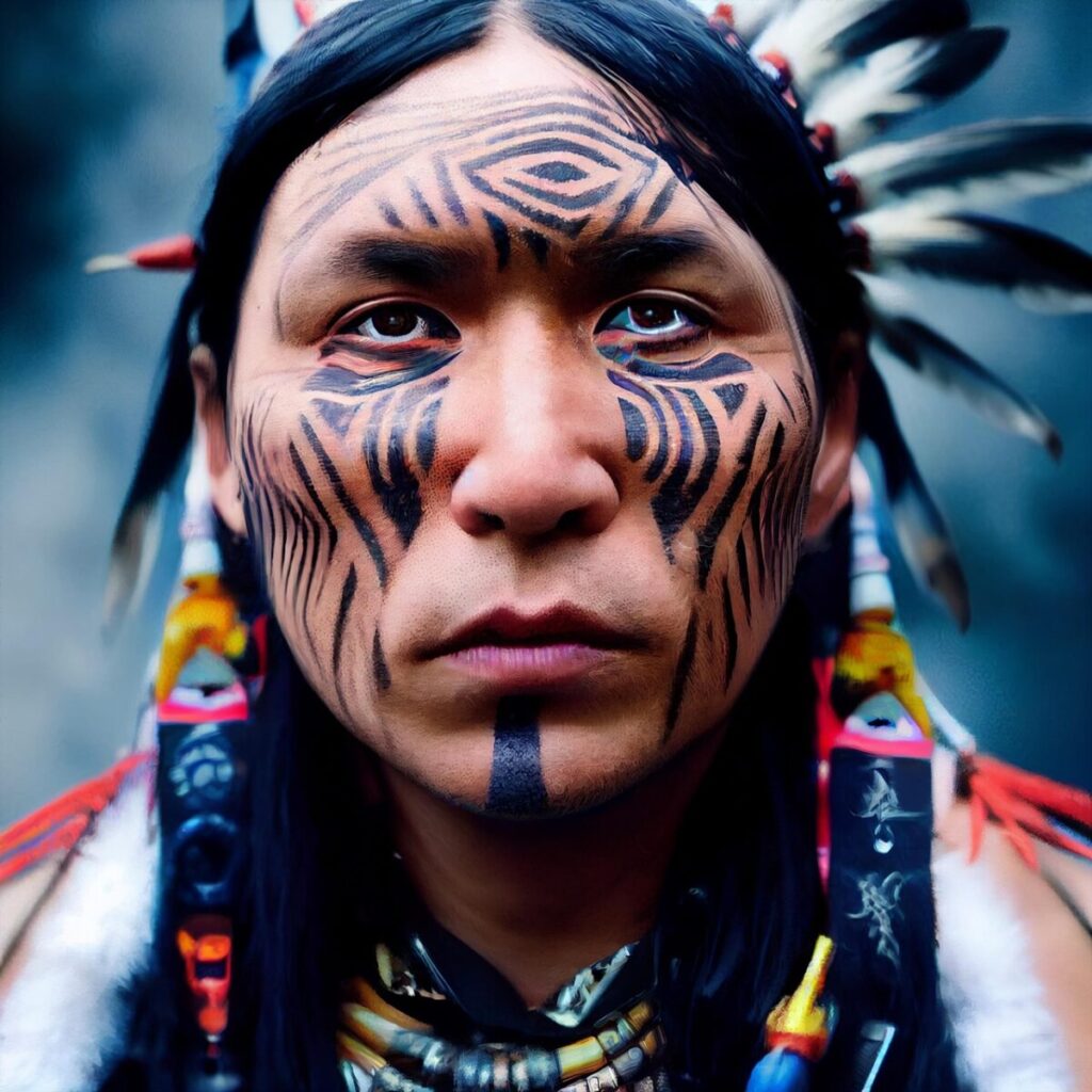 ai generated, american indian, native american, indigenous, native american culture, man, face paint, nature, oil painting, 3d mockup, 3d rendering