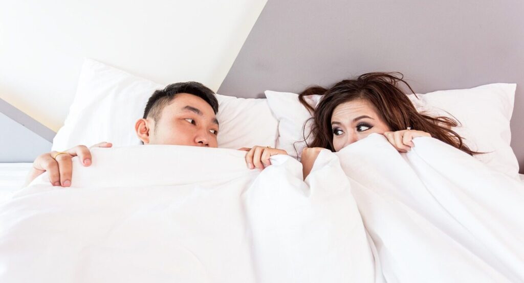 happy valentines day, couple, lying, bed, sleeping, honeymoon, rest, relaxation, happiness, wife, husband, woman, man, relationship, together, love, romance, asian, lifestyle, home, comfortable, bedroom, morning, portrait