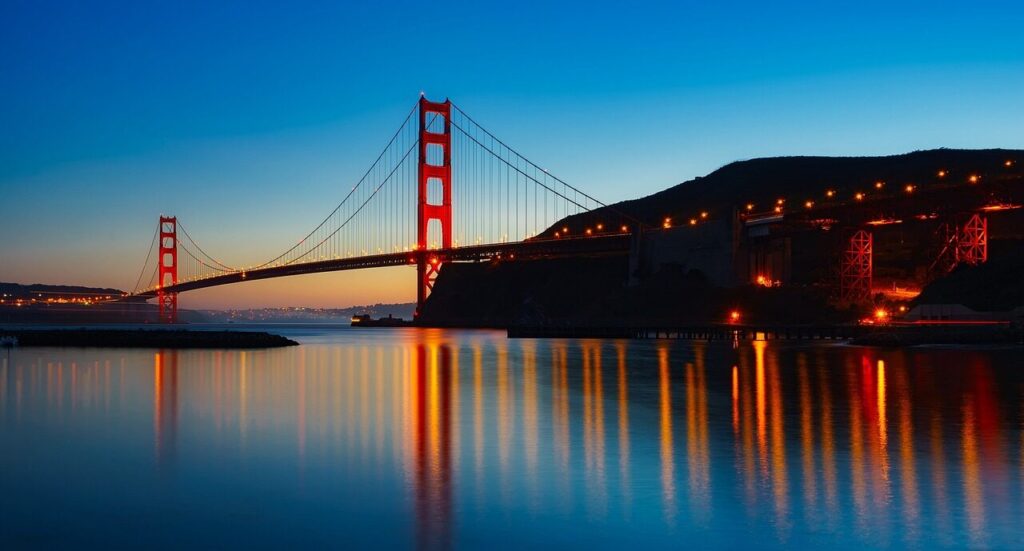 panorama, golden gate bridge, san francisco bay, suspensio bridge, infrastructure, bridge, famous, places of interest, illuminated, reflection, water reflection, landmark, architecture, sunset, dusk, lights, glow, san francisco, nature, california, water