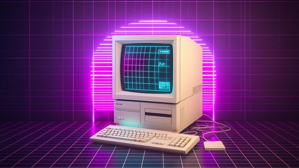 ai generated, computer, old computer, retro, 80's, pink, technology, office, digital, network, vintage