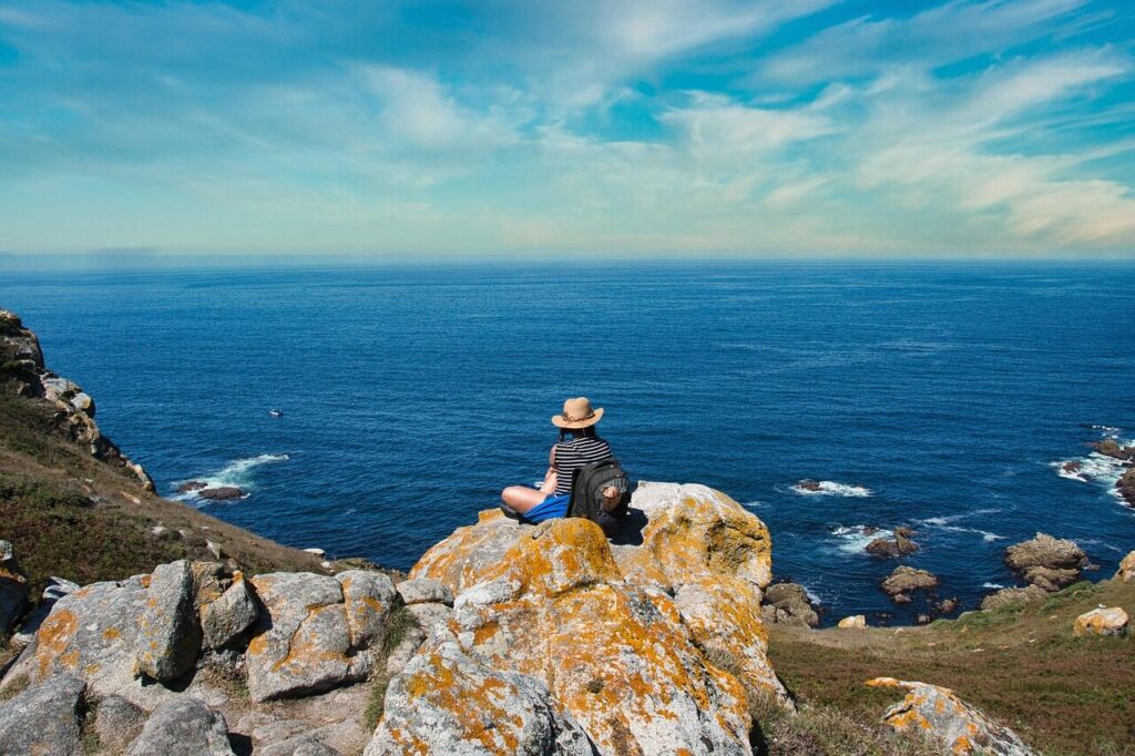 sea, cliff, hiker, cíes islands, coast, rocks, nature, hiking, coastline, water, horizon, sky, scenic, galicia, spain, hiking, galicia, spain, spain, spain, spain, spain
