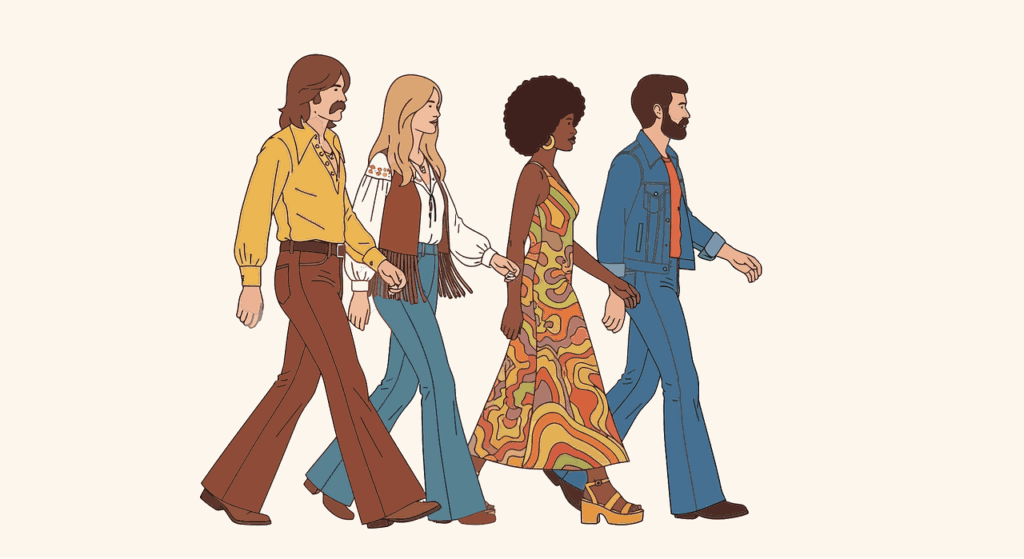 retro, 1970s, vintage, fashion, hippie, groovy, people, bell bottoms, 70s fashion, disco, psychedelic, walking, friends, style, group, cartoon, afro, youth culture, flower power, togetherness, characters, diversity, drawing, ai generated