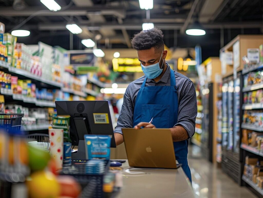 supermarket, employee, face mask, working, laptop, groceries, concentration, essential worker, blue apron, modern, retail, service, diligent, focused, organization, busy, everyday life, grocery, store, worker, work, ai generated, supermarket, supermarket, supermarket, supermarket, supermarket