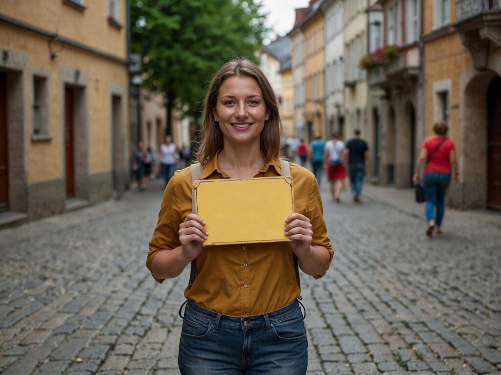 woman, sign, historic center, leadership, city tour, tourist guide, ai generated