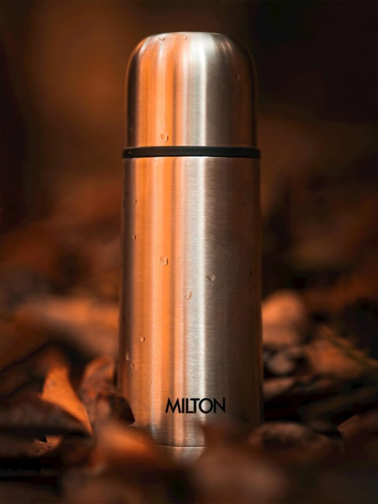 Stainless steel thermos amidst autumn leaves, outdoor focus shot.