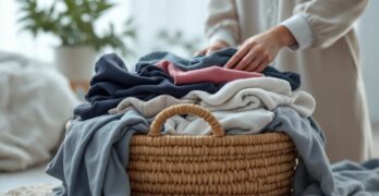 decluttering, clothes, basket, minimalism, minimalist, minimal, woman, ai generated