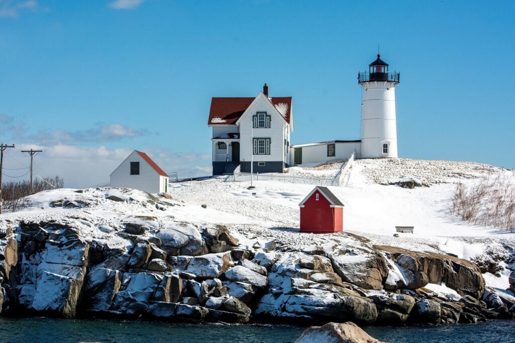lighthouse, maine, nubble, york, ocean, snow, winter, landscape, nature, sky, tourism