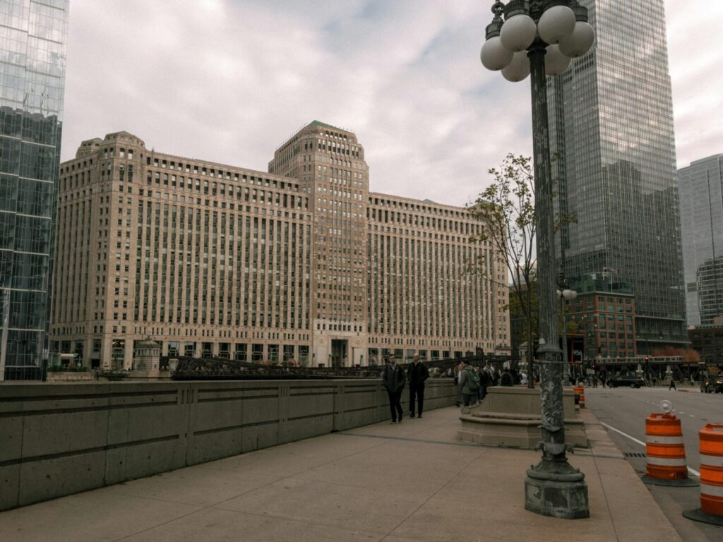 Stunning view of Chicago's Merchandise Mart with urban architecture in autumn.