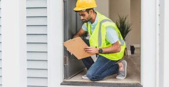 A home inspector wearing safety gear examines a house interior for safety compliance.