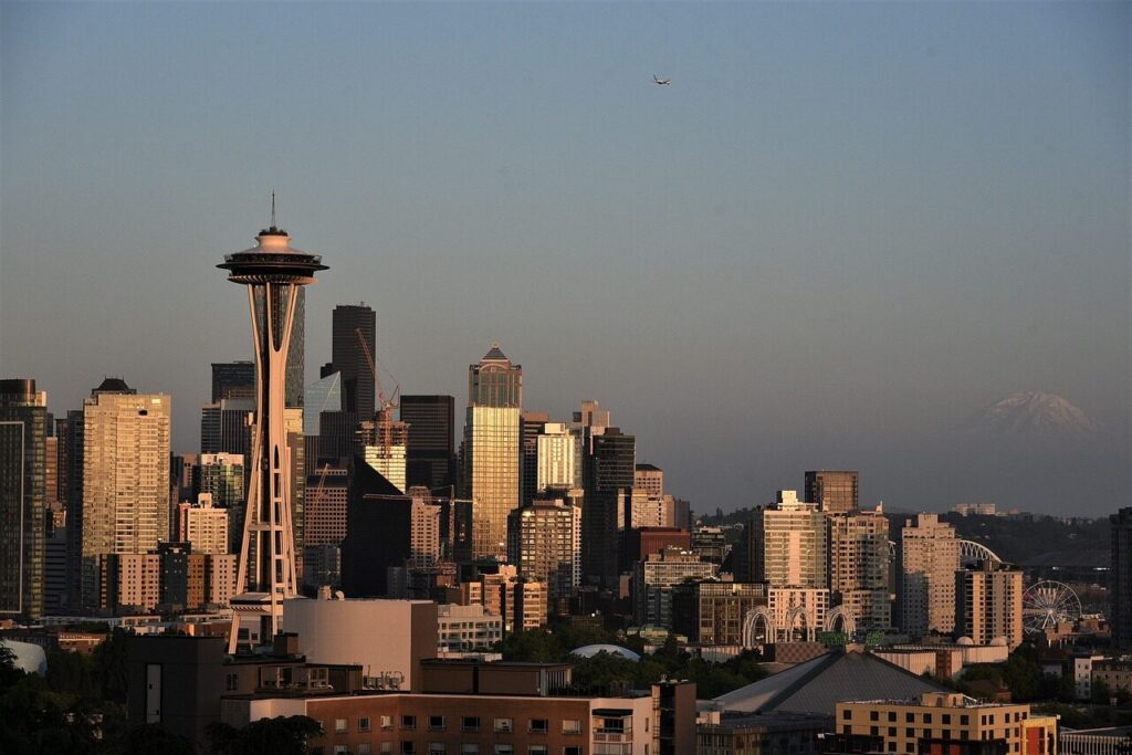 seattle, downtown, landmark, space needle, nature, sunset, city, buildings, cityscape