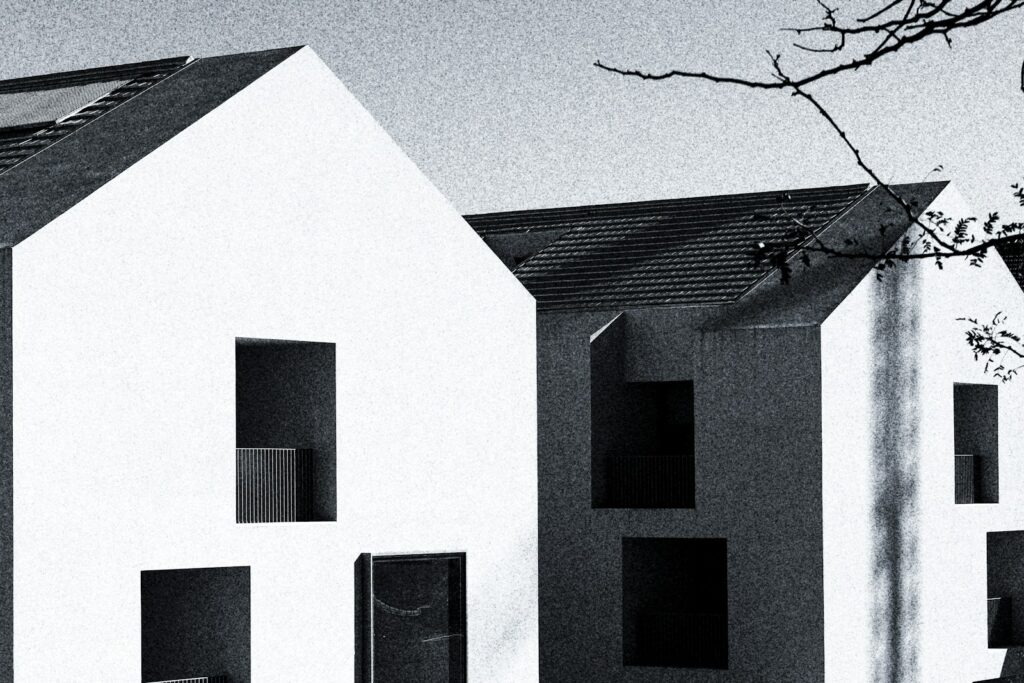 a black and white photo of a row of houses