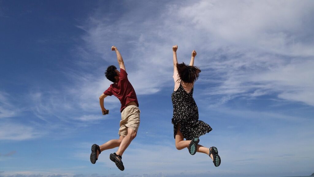 jump, sky, nature, man, clouds, height, girl, woman, happiness, joy, happy, blue sky