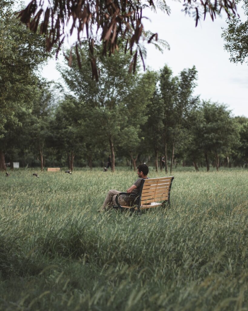 man and woman sitting on brown wooden bench on green grass field during daytime