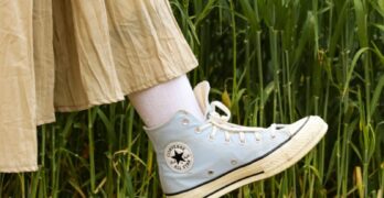 Close-up of a sneaker in a grassy field, capturing a casual outdoor vibe.