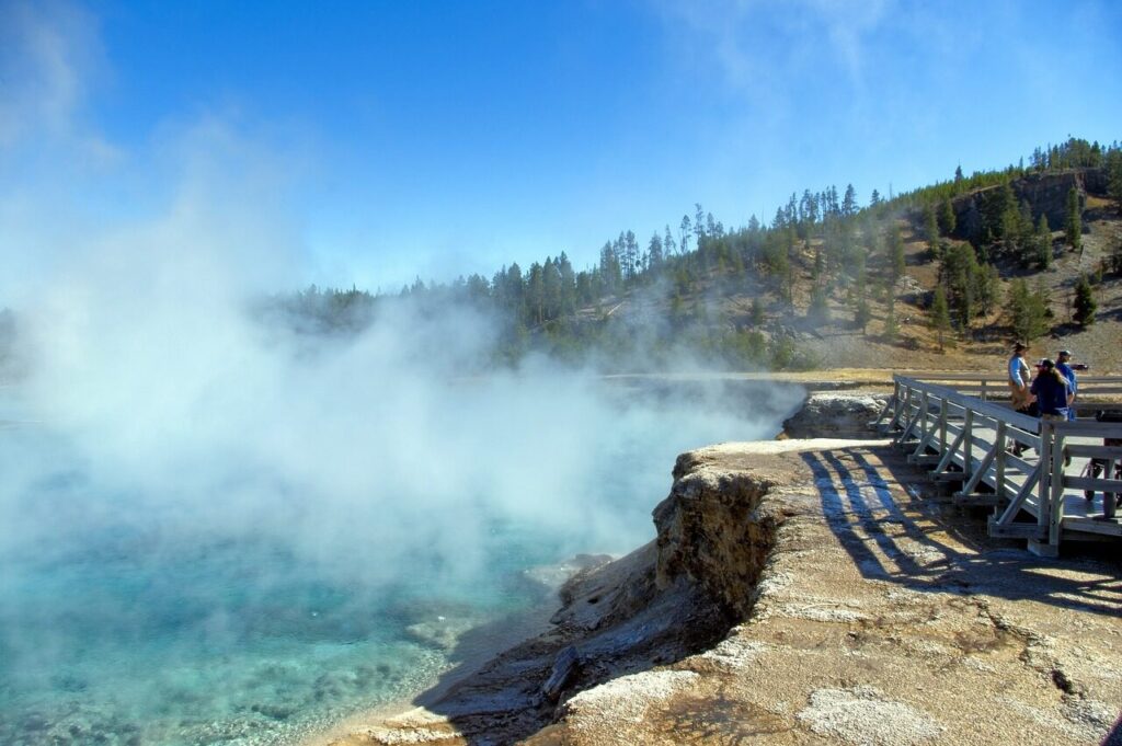 excelsior geyser crater rim, excelsior, geyser, spring, yellowstone, national, park, wyoming, steam, water, nature, hot, landscape, volcanic, thermal, geothermal, scenery, basin, outdoors, sky, scenic