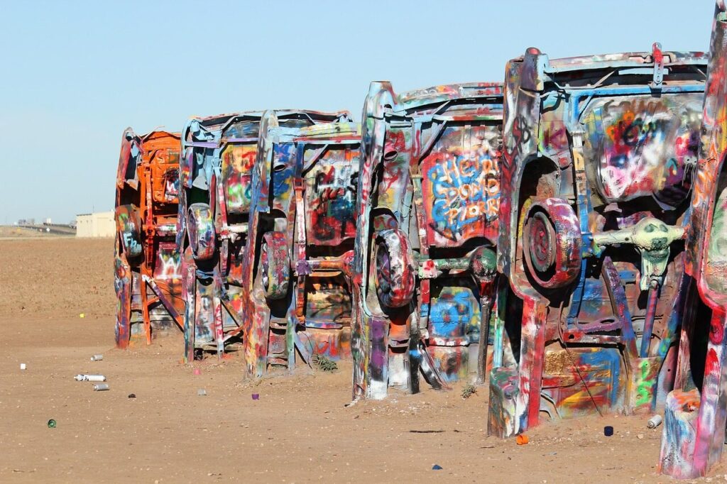 cars, cadillac ranch, cadillac, nature, usa, america, sightseeing, desert, sand, graffiti, art, multicoloured