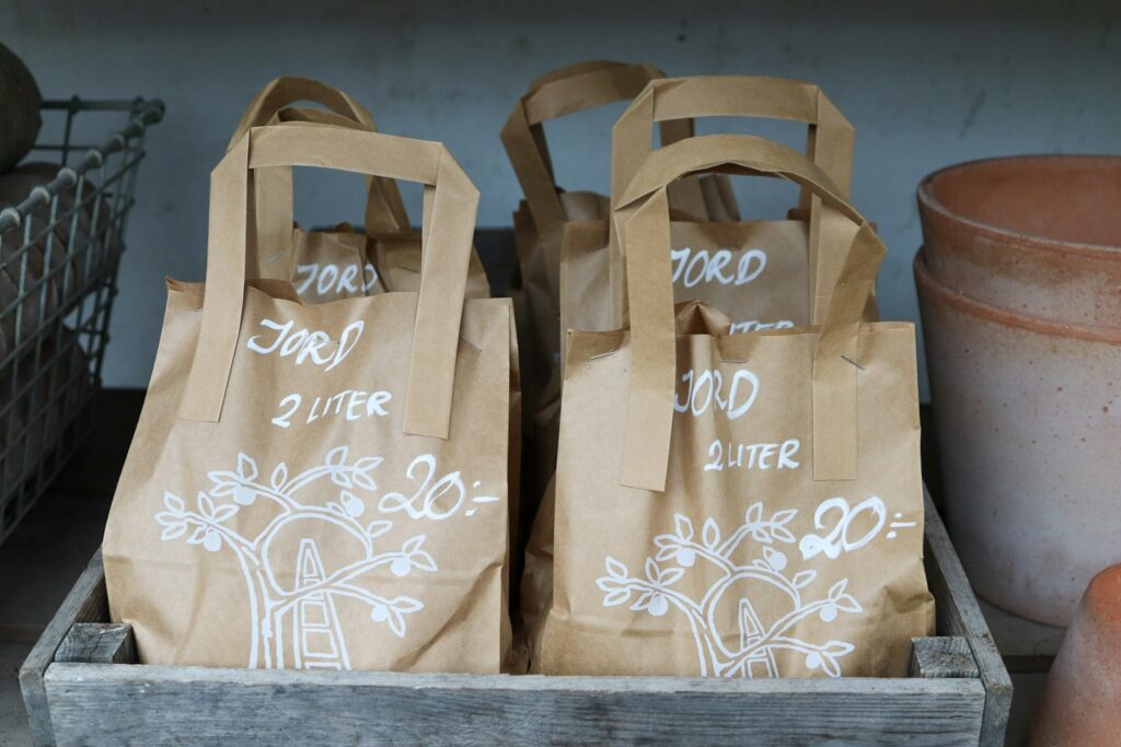 Bags of "jord" soil are for sale.
