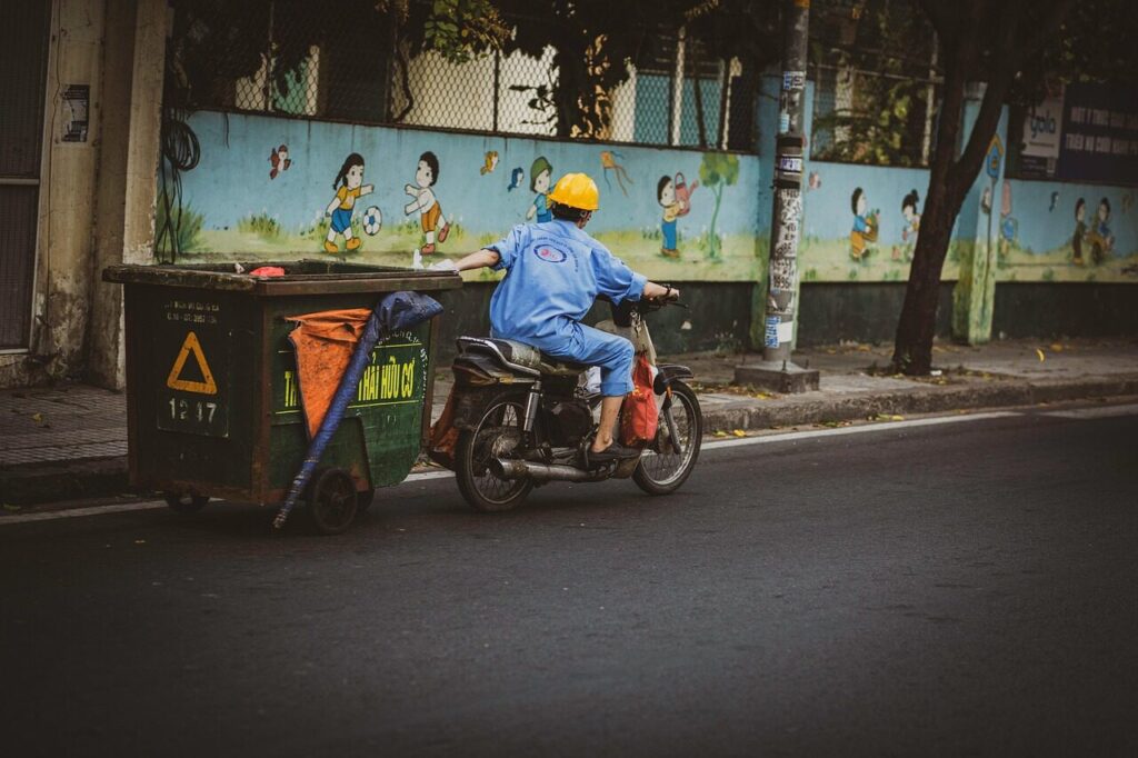 garbage collector, motorcycle, man, trash, road, street, sidewalk, people, city, urban, life, garbage collector, garbage collector, garbage collector, garbage collector, garbage collector