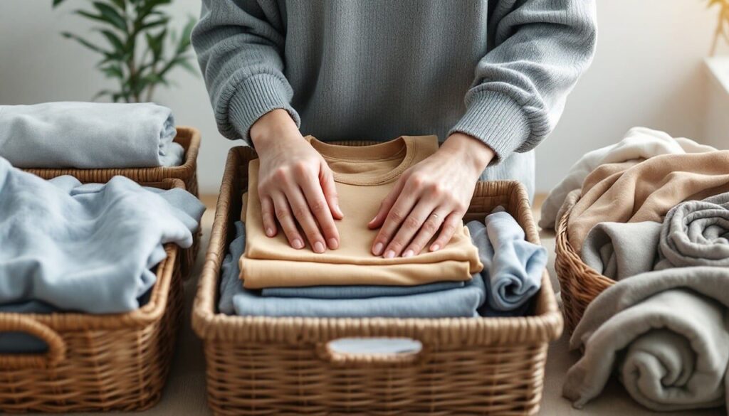 decluttering, clothes, basket, minimalism, minimalist, minimal, woman, ai generated