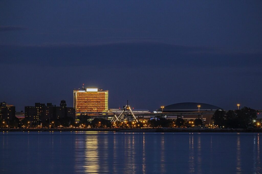 buffalo, new york, waterfront, lights, night, city, niagara, river, blue hour, reflection, landscape, cityscape