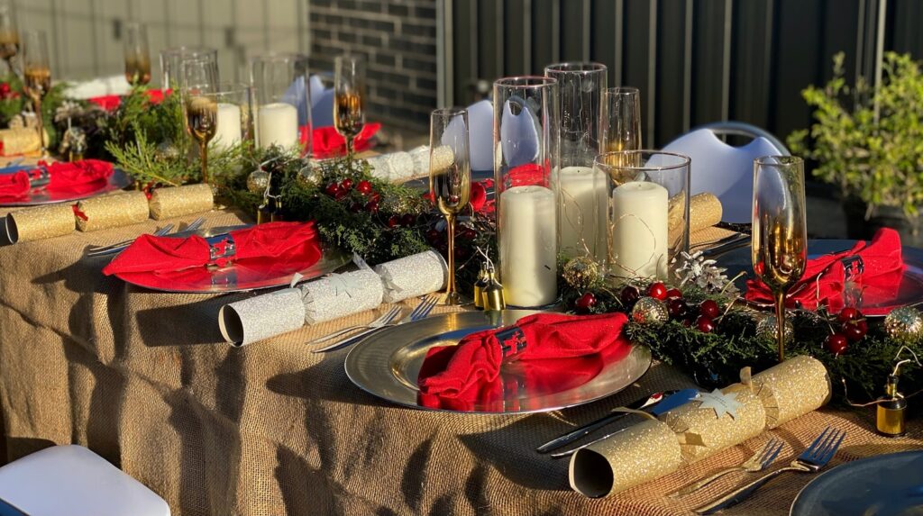 a table with glasses and candles