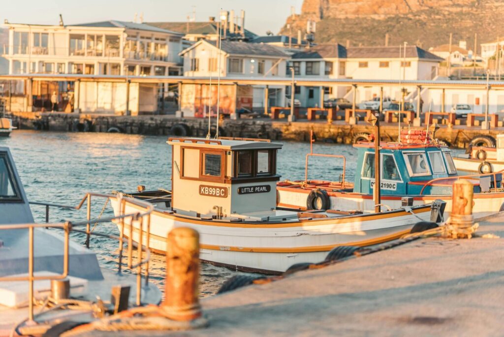A scenic view of fishing boats docked at a harbor with warm sunlight illuminating the waterfront buildings.